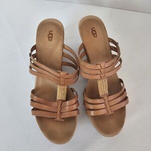 UGG Braided Leather Wedge Sandals Tan Platform Slide Strappy Comfort Sandals 8